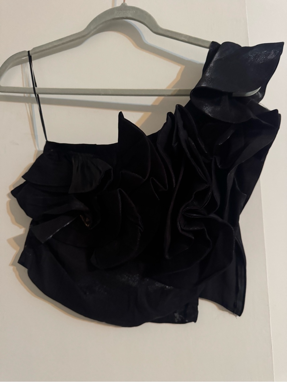 Mango Black One-Shoulder Satin Ruffle Top